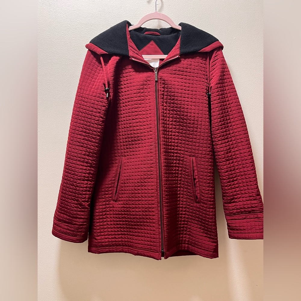 Worthington Quilted Cozy Full Zip Jacket with Fleece Lined Hood, Sz S, Maroon